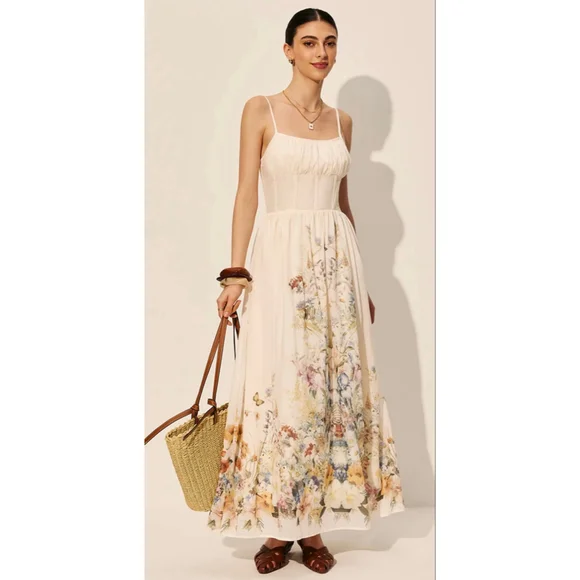 NWT COMMENSE Beige Floral Print Square Neck Maxi Dress S - Picture 4 of 6